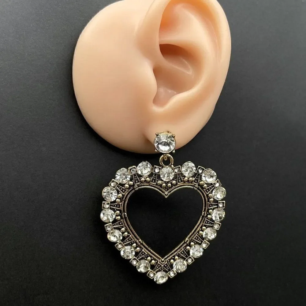 Antique Yellow Gold with White Diamond Crystal Open Heart Dangling Post Earrings